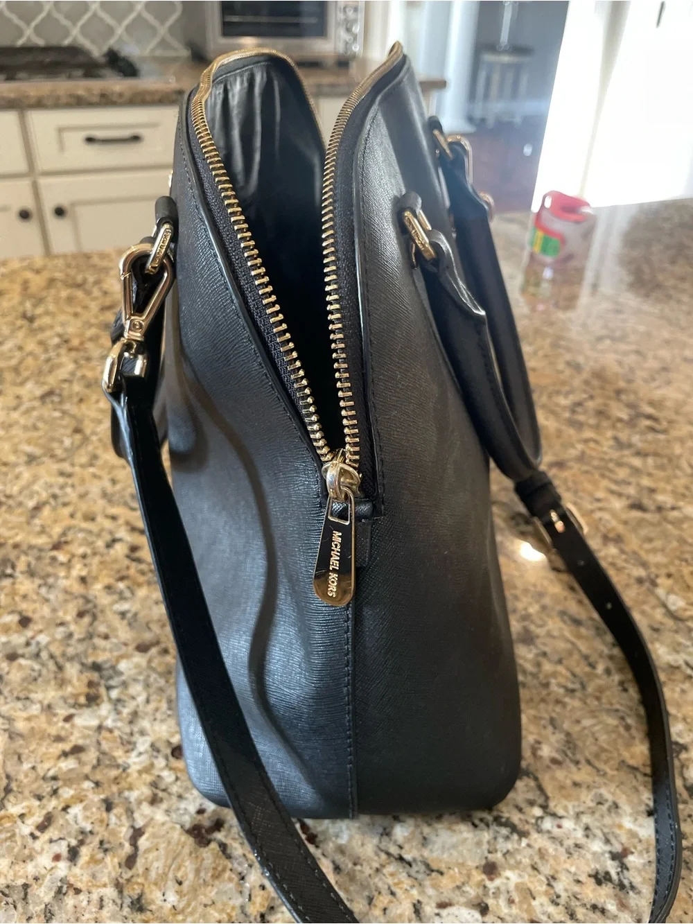 Michael Kors Cindy Medium Saffiano Leather Dome Satchel Black with Gold Hardware